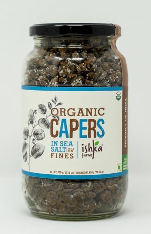 Capers in sea salt, carefully packed and sustainably harvested by Ishka Farms.